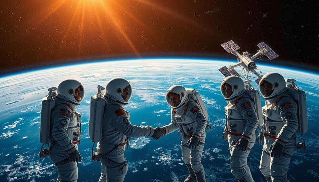 A vast cosmic expanse, nations united in the pursuit of scientific exploration. Astronauts from diverse backgrounds, their suits gleaming under the soft glow of starlight, shake hands in a symbolic gesture of international cooperation. In the background, a tapestry of satellites and spacecraft orbits the Earth, a testament to the technological advancements that have bridged the divide between nations. Beams of light emanate from the international space station, illuminating the scene with a sense of unity and purpose. The atmosphere is one of collaboration, as scientists from around the world work together to unlock the mysteries of the universe.