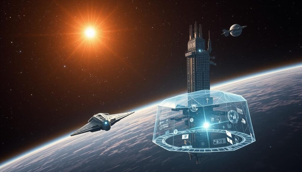 A vast expanse of the cosmos, illuminated by the glow of distant stars and galaxies. In the foreground, a sleek, futuristic spacecraft soars through the inky blackness, its engines propelling it ever deeper into the unknown. The middle ground is dominated by a towering, state-of-the-art research station, its solar panels glinting in the starlight as it conducts cutting-edge experiments and observations. In the background, a holographic display showcases the latest scientific breakthroughs, from groundbreaking discoveries on distant planets to revolutionary advancements in space technology. The scene is bathed in a warm, otherworldly light, conveying a sense of wonder, progress, and the boundless potential of human ingenuity.