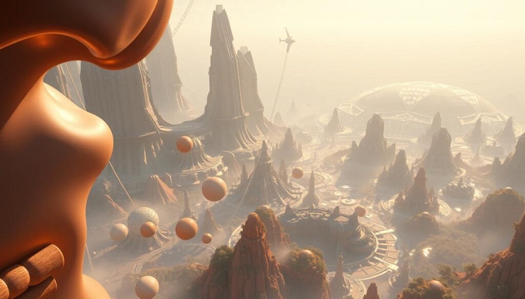 A vast, expansive 3D virtual world, filled with towering digital landscapes, shimmering cityscapes, and lush, fantastical environments. The scene is bathed in a warm, diffused lighting, casting a dreamlike, ethereal glow over the metaverse. In the foreground, fluid, abstract shapes and forms float and undulate, hinting at the limitless possibilities of this digital realm. The middle ground reveals intricate, futuristic architectures, their sleek lines and geometric patterns contrasting with the organic, ever-shifting background. Distant horizons are shrouded in a soft, atmospheric haze, creating a sense of depth and mystery. Overall, the image conveys a sense of wonder, innovation, and the boundless potential of virtual worlds.