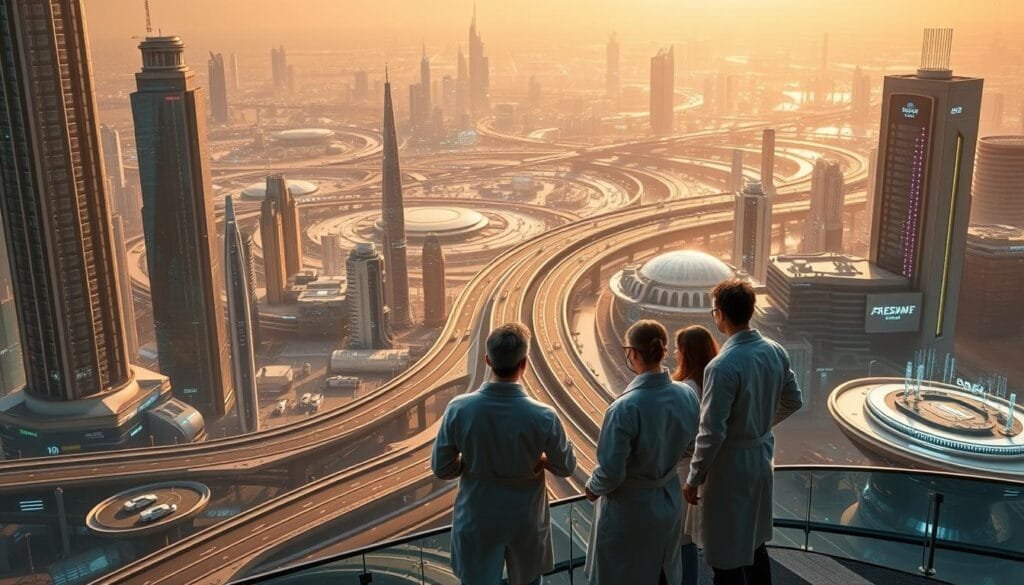 A vast, futuristic cityscape stretches out before the viewer, its gleaming skyscrapers and sprawling infrastructure bathed in a warm, golden light. In the foreground, a group of scientists in lab coats and protective gear stand examining a holographic display, their faces alight with the thrill of discovery. In the middle ground, sleek, advanced vehicles glide along elevated highways, while in the background, cutting-edge research facilities and state-of-the-art laboratories can be seen, hinting at the boundless potential of 21st-century scientific advancements. The scene conveys a sense of progress, innovation, and the awe-inspiring power of human ingenuity to shape the future.