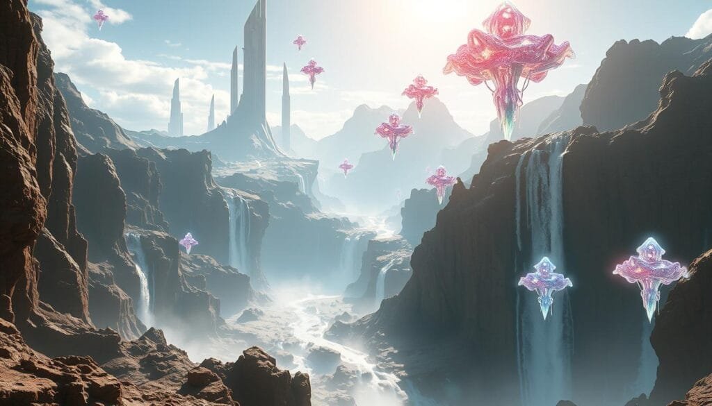 A vast, procedurally generated alien world shimmers into view, its landscapes sculpted by unseen forces. Towering, abstract structures rise from undulating terrain, their geometric forms casting long shadows under a brilliant, otherworldly sky. Cascading waterfalls tumble down sheer cliffs, their waters reflecting the radiant, multicolored glow of floating crystal formations. Amorphous, bioluminescent creatures drift through the air, their ethereal movements punctuating the scene. Bathed in a soft, diffuse light, this captivating, AI-driven environment exudes a sense of wonder and limitless possibility.