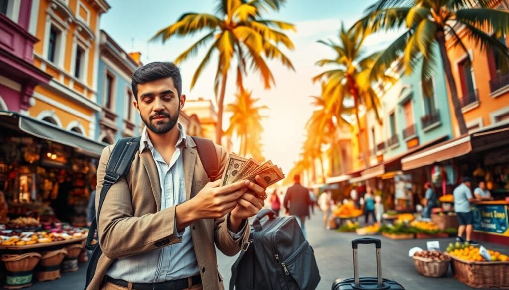 A vibrant Latin American street scene, with a well-dressed traveler attentively counting their cash in the foreground, their luggage and backpack by their side. The middle ground features a bustling marketplace, with local vendors selling handcrafted goods and exotic produce under the warm, golden light of the midday sun. In the background, colorful buildings and towering palm trees frame the dynamic, lively atmosphere. The traveler's expression conveys a sense of careful financial management, as they navigate the exciting and dynamic environment of the Latin American city.