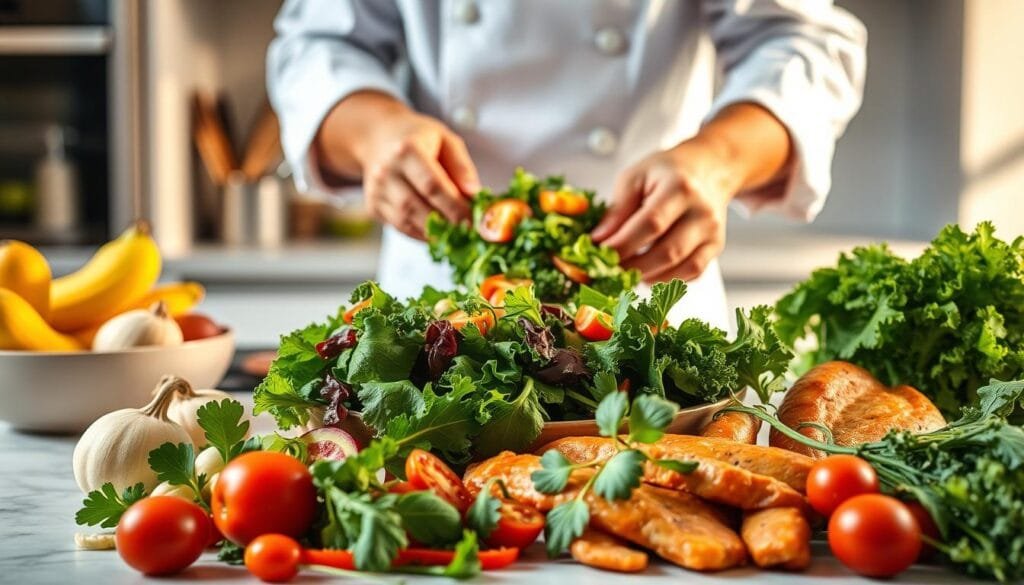 A vibrant, appetizing image depicting the benefits of preparing quick and healthy meals. In the foreground, an arrangement of fresh, colorful ingredients like leafy greens, vegetables, and lean protein. The middle ground showcases a chef's hands skillfully assembling a nutritious dish, with a focus on efficiency and speed. The background features a minimalist kitchen setting, bathed in warm, natural lighting that accentuates the ingredients' vibrant hues. The overall composition conveys a sense of balance, vitality, and the rewarding experience of crafting wholesome meals in a short amount of time.