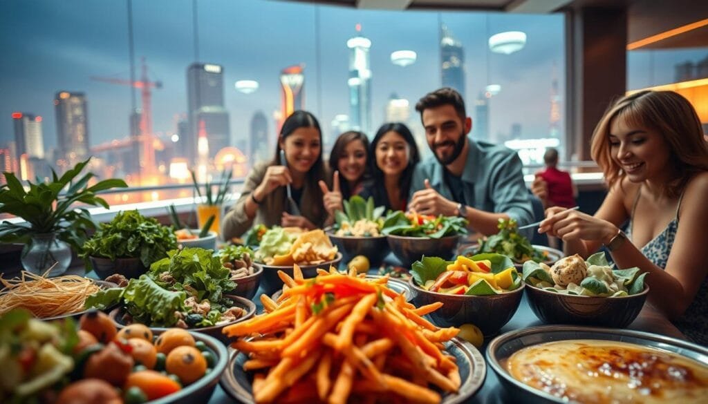 A vibrant, futuristic scene showcasing the growing trend of vegan consumption. In the foreground, a diverse array of plant-based dishes and snacks, their colors and textures enticing the viewer. In the middle ground, a group of people enjoying the meal, their expressions reflecting a sense of contentment and well-being. The background features a modern, tech-forward cityscape, hinting at the integration of sustainable food choices into the urban lifestyle. The lighting is warm and inviting, creating a sense of comfort and excitement for the future of conscious consumption. Captured with a wide-angle lens to encompass the full scope of this emerging dietary shift.