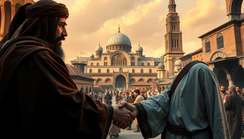 A vibrant medieval cultural exchange scene: In the foreground, two men in traditional Middle Eastern and European garb shake hands, representing peaceful dialogue between civilizations. In the middle ground, a bustling marketplace with merchants, artisans, and scholars from diverse backgrounds engage in lively trade and intellectual discourse. In the background, a grand mosque with intricate Islamic architectural features stands in harmony with a towering European cathedral, symbolizing the coexistence of faiths. Warm, golden lighting illuminates the scene, conveying a sense of cultural richness and mutual understanding. The composition celebrates the historical blending of Islamic and European cultures during the medieval period.