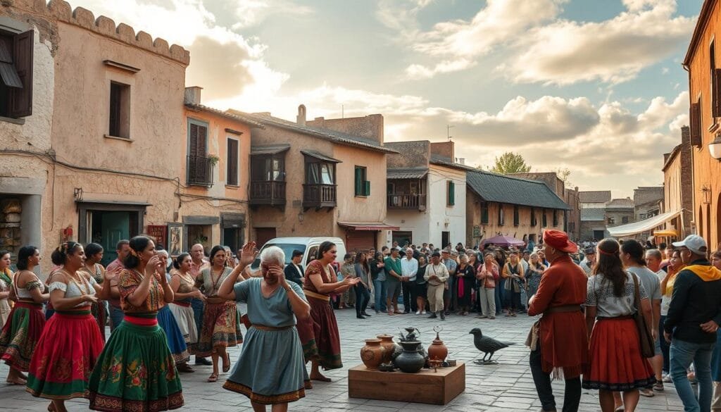 A vibrant scene of lively cultural activities unfolding in an ancient town square. In the foreground, a group of locals enthusiastically demonstrate traditional dance steps, their colorful costumes swirling in the gentle breeze. Nearby, artisans showcase their handcrafted wares - intricate pottery, weavings, and metal sculptures - inviting passersby to interact and learn about the local heritage. In the middle ground, a crowd gathers around a storyteller, captivated by the tales of the region's storied past. The backdrop features the weathered facades of historic buildings, their architectural details bathed in warm, golden light filtering through wispy clouds. An atmosphere of community, celebration, and a deep connection to the land and its people permeates the scene.