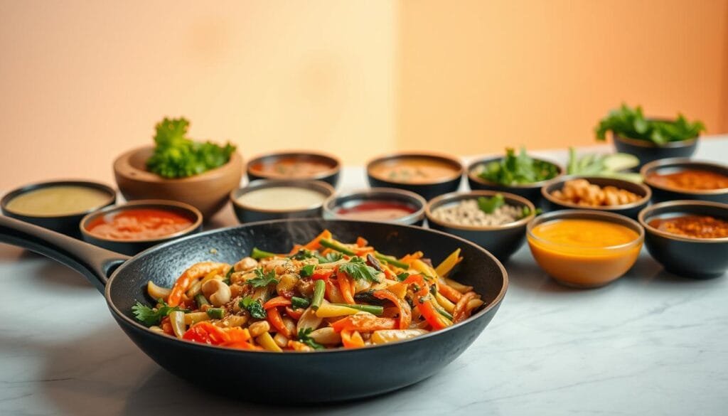 A vibrant still life showcasing an array of freshly prepared stir-fried dishes and vibrant sauces. In the foreground, a cast-iron skillet sizzles with a medley of colorful vegetables, expertly seasoned and cooked to perfection. Surrounding the skillet, an artful arrangement of small bowls brimming with various sauces - from a rich, creamy cashew-based sauce to a zesty, tangy Asian-inspired dressing. The scene is bathed in warm, diffused light, highlighting the textures and colors of the ingredients. In the background, a minimal, clean-lined kitchen counter provides a simple, uncluttered backdrop, allowing the vibrant culinary creations to take center stage. The overall atmosphere evokes a sense of effortless culinary mastery and the joy of nourishing, satisfying meals prepared with care.