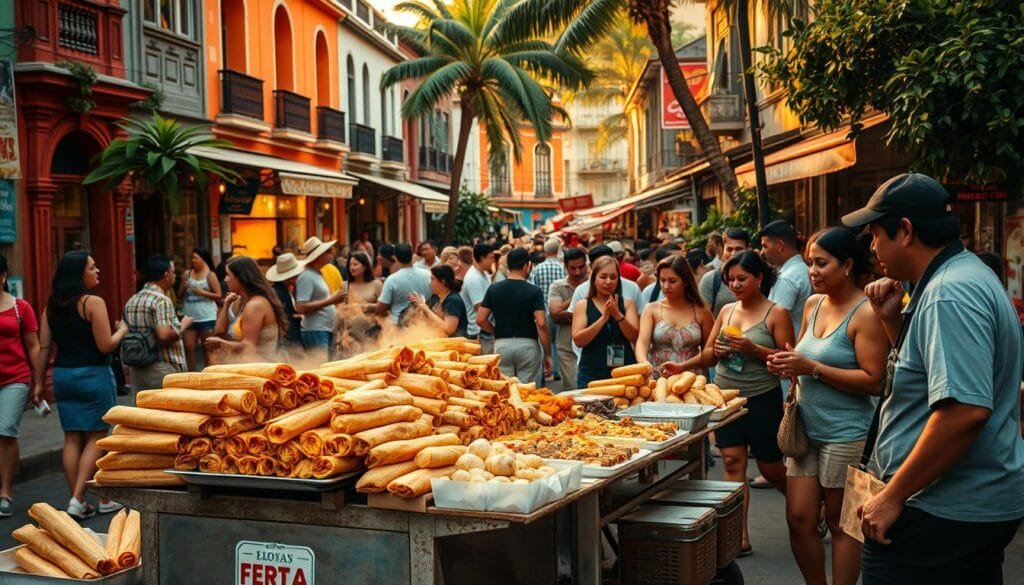 A vibrant street scene in a bustling Latin American city, showcasing the vibrant, mouthwatering array of local street food. In the foreground, a small cart overflows with steaming tamales, empanadas, and other savory treats, attended to by a friendly vendor. In the middle ground, a diverse crowd of locals and tourists mingle, eagerly sampling the delectable offerings. In the background, a colorful mix of historic buildings, lively markets, and lush tropical foliage create a lively, immersive atmosphere. Warm, golden-hour lighting bathes the entire scene, evoking the irresistible allure of these urban culinary delights.