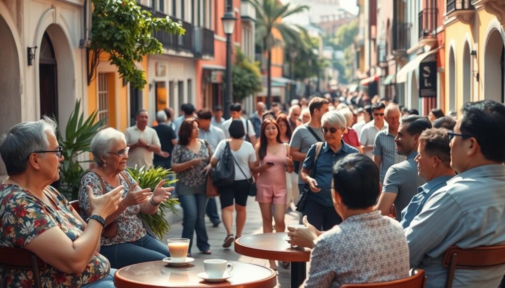 A vibrant street scene in a bustling Latin American city, where native speakers engage in lively conversations. In the foreground, a group of locals sitting at a sidewalk café, gesturing animatedly as they sip their coffee and share stories. The middle ground features a diverse mix of pedestrians, from elderly residents to young professionals, all immersed in their own discussions. In the background, colorful buildings and lush vegetation create a sense of place, with warm, natural lighting casting a soft glow over the entire scene. The atmosphere exudes a palpable energy, inviting the viewer to step into the frame and join the authentic cultural exchange.