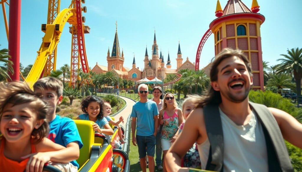 A vibrant, sun-drenched scene of a family enjoying the thrills and delights of Alicante's captivating theme parks. In the foreground, children's laughter echoes as they race down towering roller coasters, their faces alight with excitement. Meandering pathways wind through lush, verdant landscapes, dotted with whimsical rides and colorful attractions. In the middle ground, parents and guardians watch on, their expressions filled with joy and a sense of adventure. The background showcases the iconic architecture of the parks, with dazzling spires and towers reaching towards the clear, azure sky. The overall mood is one of pure, unbridled fun and exploration, capturing the essence of a family's thrilling escapade in Alicante's enchanting theme park wonderland.