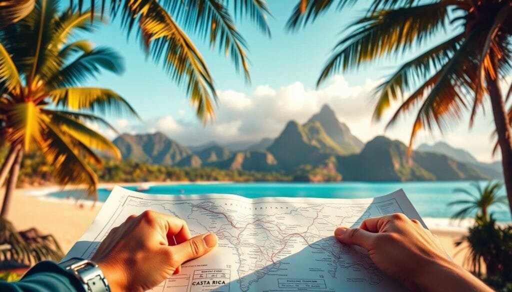 A vibrant tropical paradise comes to life in this captivating image of planning a Costa Rican getaway. In the foreground, a traveler's hands meticulously map out an itinerary, tracing sandy beaches and lush rainforests. The middle ground showcases a stunning Costa Rican coastline, its crystal-clear turquoise waters lapping against swaying palm trees. In the background, rugged mountains rise up, their peaks shrouded in a soft, misty haze. The lighting is warm and golden, evoking a sense of tranquility and adventure. This breathtaking scene invites the viewer to imagine themselves immersed in the natural beauty and rich cultural tapestry of this enchanting Central American destination.