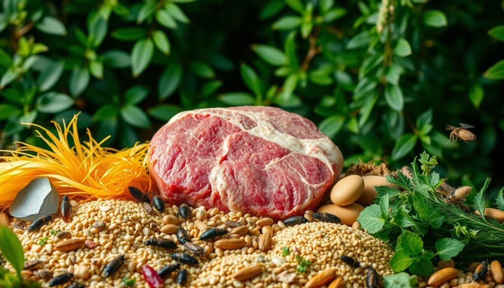 A vibrant, visually striking image depicting the diversification of the human diet in response to climate change. Set against a backdrop of lush, verdant foliage, a varied array of alternative food sources take center stage. In the foreground, an assortment of insects, grains, and plant-based proteins are artfully arranged, showcasing the potential for a more sustainable and nutritious future diet. The middle ground features a laboratory-grown meat specimen, its clean, clinical appearance contrasting with the organic elements surrounding it. The lighting is soft and diffused, creating a sense of harmony and balance, while the overall composition guides the viewer's eye through the diverse culinary landscape. The mood is one of optimism and innovation, hinting at the transformative potential of embracing new and unconventional food sources in the face of environmental challenges.
