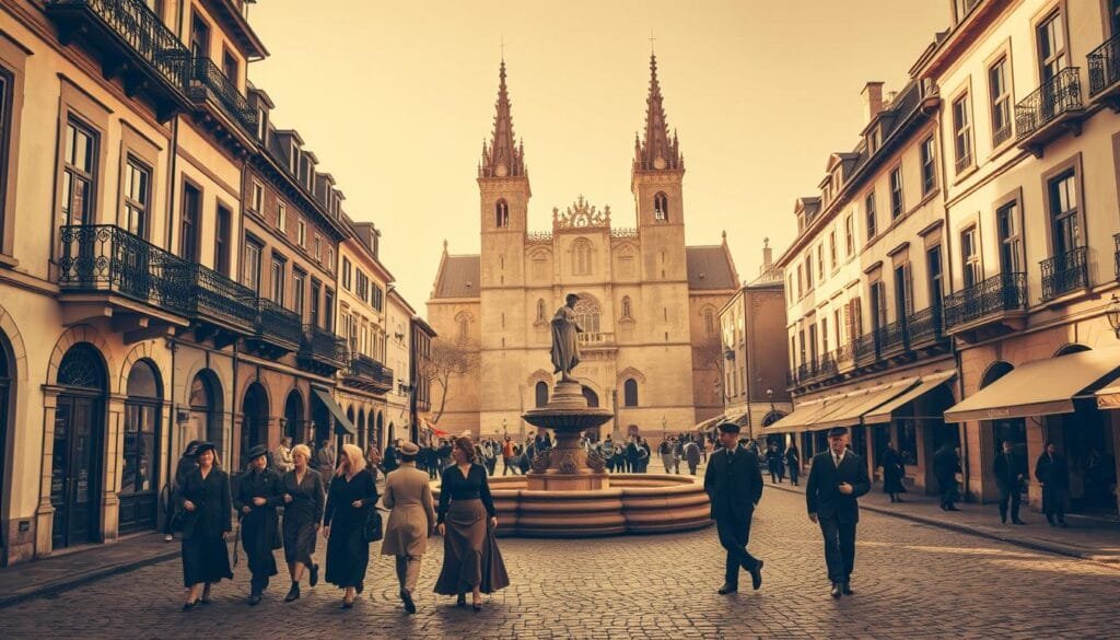 A warm, sepia-toned image of a quaint European town square, with cobblestone streets and charming buildings in a classic old-world architectural style. In the foreground, a group of people in vintage attire - women in long skirts and men in flat caps - leisurely stroll along the plaza, admiring the ornate facades and wrought-iron balconies. In the middle ground, a central fountain or statue serves as the focal point, its details rendered with exquisite artistry. The background features a magnificent cathedral or castle, its towers and spires reaching skyward, casting long shadows across the scene. The lighting is soft and golden, evoking a sense of timelessness and nostalgic wonder. The overall composition captures the essence of European cultural heritage and the enduring beauty of vintage aesthetics.