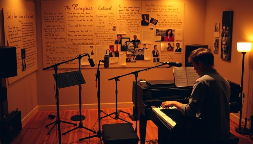 A warm, soft-lit studio scene with a musician sitting at a grand piano, their fingers gracefully dancing across the keys. In the middle ground, a recording setup with microphones and sound equipment, hinting at the process of musical creation. The background features a wall of inspirational testimonials, handwritten notes, and photographs, creating a sense of a creative, collaborative space. The overall atmosphere is one of focus, passion, and the joy of musical expression.