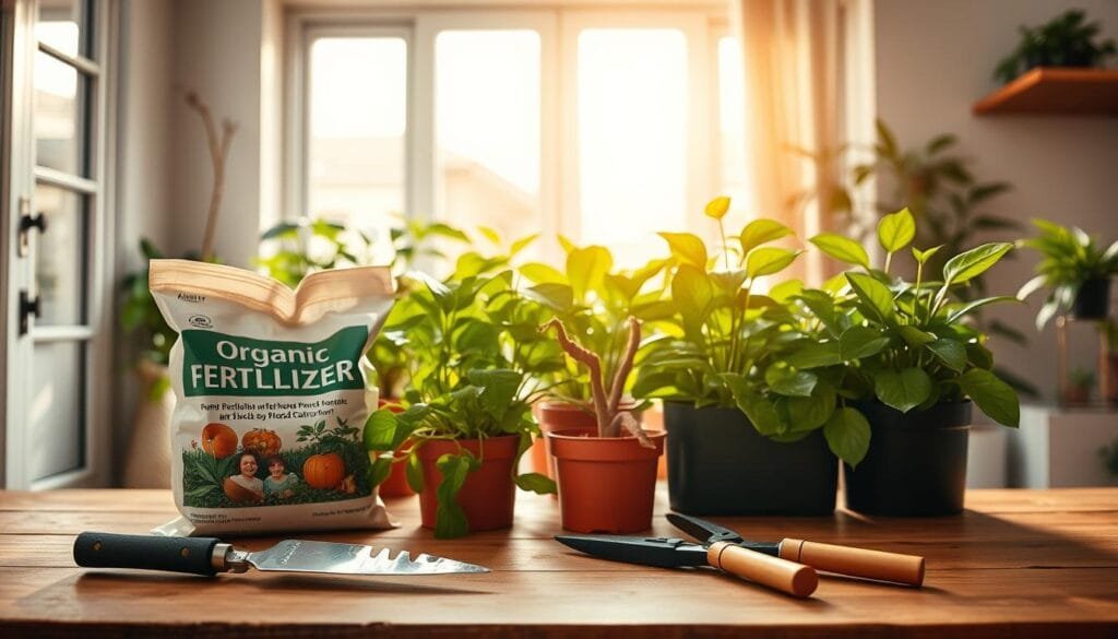 A well-lit indoor garden scene showcasing various gardening tools and supplies for plant fertilization and pruning. In the foreground, a trowel, pruners, and a bag of organic fertilizer are neatly arranged on a wooden table. Behind them, lush green potted plants of different varieties occupy the middle ground, their leaves gently swaying under soft, natural lighting. In the background, a large window allows warm, diffused sunlight to filter in, casting a serene ambiance over the entire composition. The overall mood is one of tranquility and care, reflecting the essential process of nurturing indoor plants through proper feeding and maintenance.