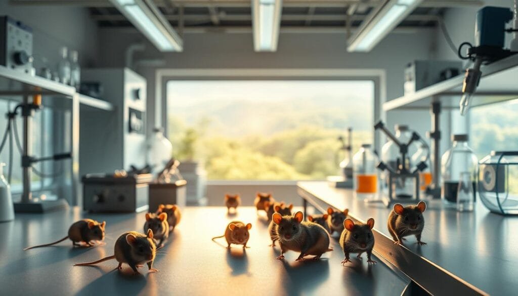 A well-lit laboratory interior, with various scientific instruments and equipment arranged neatly on sleek, modern workbenches. In the foreground, a group of curious, lively mice scurry about, intently observing the activities of the lab. The mice appear engaged and animated, as if participating in the research. Soft, directional lighting casts a warm, focused glow on the scene, creating a sense of discovery and wonder. The background features a panoramic window overlooking a verdant, natural landscape, hinting at the broader context of the experiments. The overall atmosphere is one of scientific inquiry, with the mice serving as the central subjects of the captivating studies.