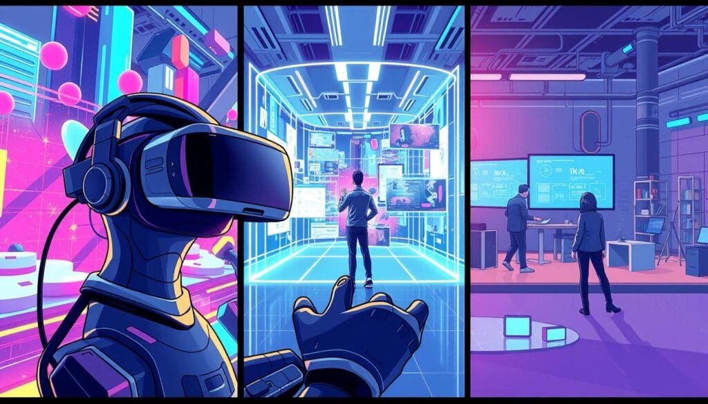 An intricate three-panel illustration showcasing the distinctive features and capabilities of immersive technologies: virtual reality, augmented reality, and mixed reality. In the foreground, a sleek VR headset and controllers rendered in high-detail, surrounded by a futuristic, neon-tinged virtual environment filled with abstract 3D shapes and dynamic lighting effects. The middle ground depicts an AR scenario, with a user interacting with holographic information overlays seamlessly integrated into the physical world. In the background, a mixed reality setup blends the digital and physical seamlessly, with virtual objects and characters coexisting naturally alongside real-world elements. The overall mood is one of technological sophistication, innovation, and the boundless potential of immersive experiences.