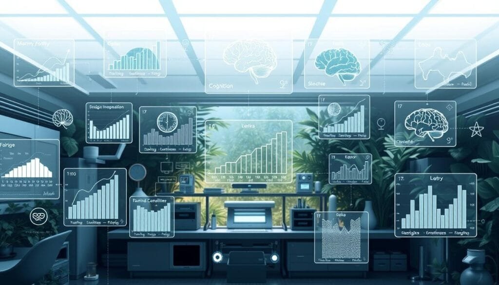 An intricately detailed digital illustration depicting a collection of metrics and graphs visualizing various aspects of animal cognition. The foreground showcases a series of floating holographic displays, each highlighting different cognitive attributes such as memory, problem-solving, communication, and learning capabilities. The middle ground features a sleek, minimalist laboratory setting with advanced scientific equipment and instruments, while the background depicts a serene, nature-inspired environment with lush foliage and a soft, diffused lighting that creates a sense of wonder and scientific exploration. The overall mood is one of intellectual curiosity, technological advancement, and a deep fascination with the hidden depths of animal intelligence.