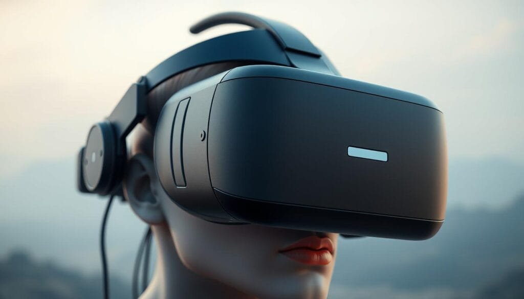 Detailed 3D digital rendering of a pair of virtual reality goggles, with a dark, matte finish and sleek, minimalist design. The goggles appear to be worn by a user, showcasing the challenges and technical difficulties associated with VR technology. The scene is illuminated by a soft, diffused lighting, highlighting the complexity of the device and the user's immersive experience. The background is a hazy, abstract landscape, suggesting the blending of the physical and digital realms. The overall mood conveys a sense of technological advancement and the ongoing obstacles in the development of virtual reality systems.