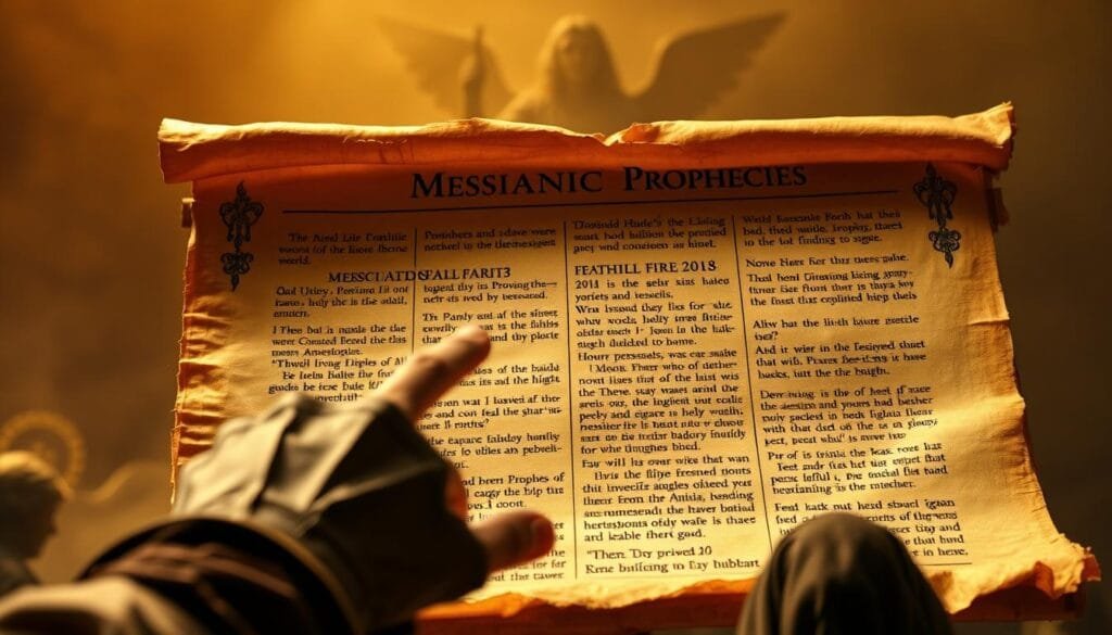 Detailed ancient parchment scroll depicting messianic prophecies from the Old Testament. Warm, amber-tinted lighting casts a reverent glow across the sacred text, the edges weathered with time. In the foreground, a prophet's hand points to a specific passage, guiding the viewer's focus. Surrounding the scroll, faint silhouettes of angels and celestial symbols allude to the divine inspiration of the scriptures. The middle ground features partially obscured figures in biblical robes, deep in contemplation. The background fades into a hazy, mysterious atmosphere, hinting at the timeless, mystical nature of these ancient prophecies.