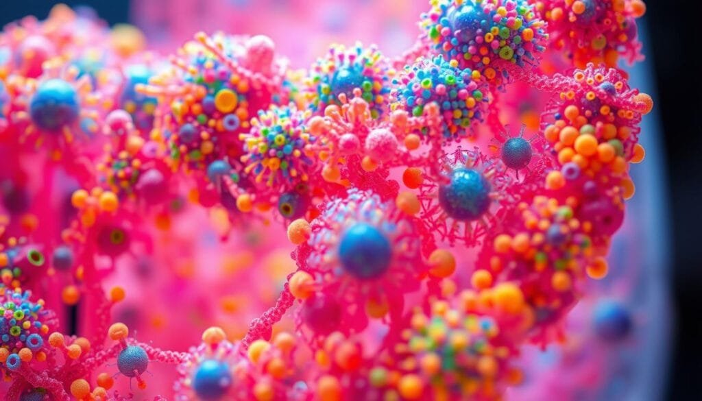 Detailed close-up of the human microbiome, showcasing a diverse array of microscopic organisms inhabiting the digestive system. Vibrant and vivid colors depict the intricate ecosystems thriving within the body, with overlapping microbial colonies forming an intricate, interconnected network. Soft, diffused lighting illuminates the scene, creating a sense of depth and dimensionality. The composition focuses on the complexity and wonder of the invisible universe within, capturing the hidden majesty of the human organism.