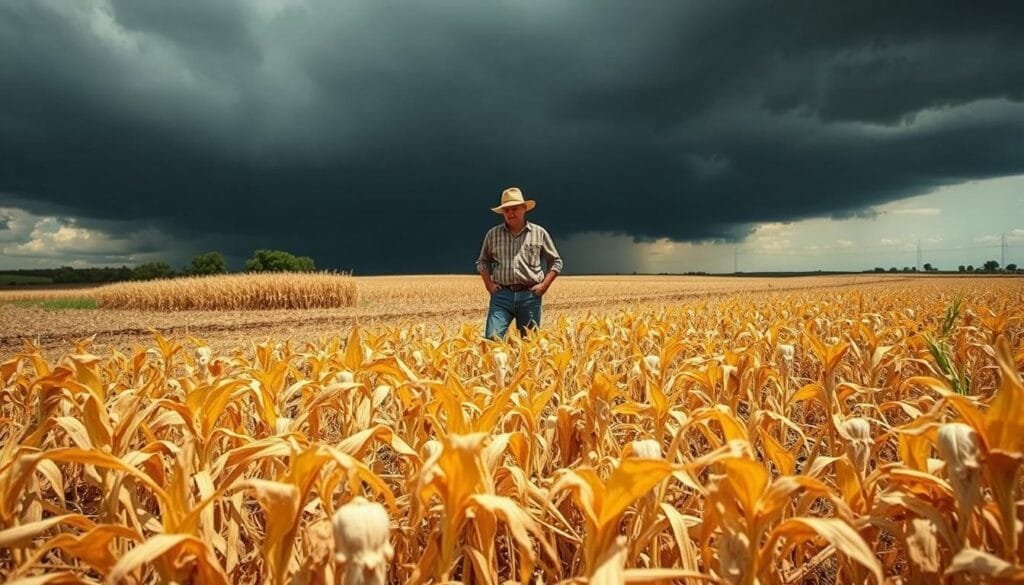 Detailed landscape of a countryside agricultural scene, showing the detrimental effects of climate change. In the foreground, wilted and yellowing crops struggle under the scorching sun. In the middle ground, a farmer surveys their parched fields with a troubled expression. In the background, dark storm clouds loom ominously, hinting at the severe droughts and unpredictable weather patterns that have disrupted the once-reliable growing seasons. The scene conveys a sense of unease and uncertainty about the future of food production in the face of a changing climate. Realistic photographic style, natural lighting, wide-angle lens.