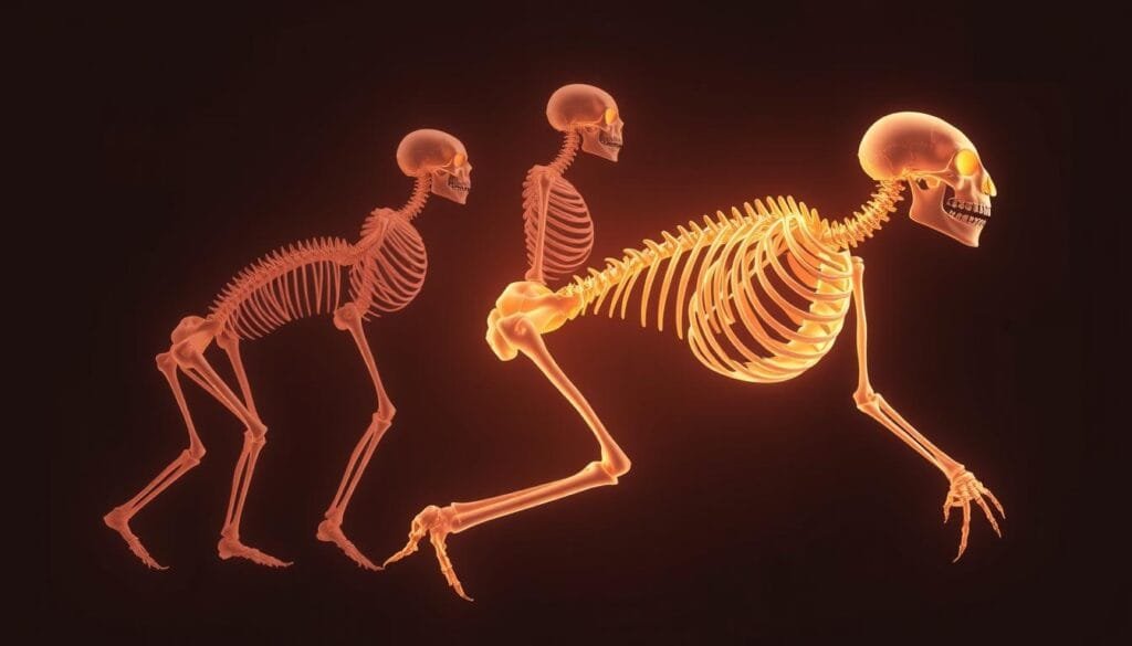 Detailed progression of the skeletal system evolution, showcasing the gradual reduction from 300 to 206 bones. A striking 3D anatomical rendering in soft pastel hues, illuminated by warm, directional lighting. Delicate, ghostly outlines of prior bone structures fade into the background, while the final skeletal form is sharply defined, inviting close examination of its intricate architecture. The composition is balanced, with a sense of elegant simplicity that allows the transformative process to be the central focus.