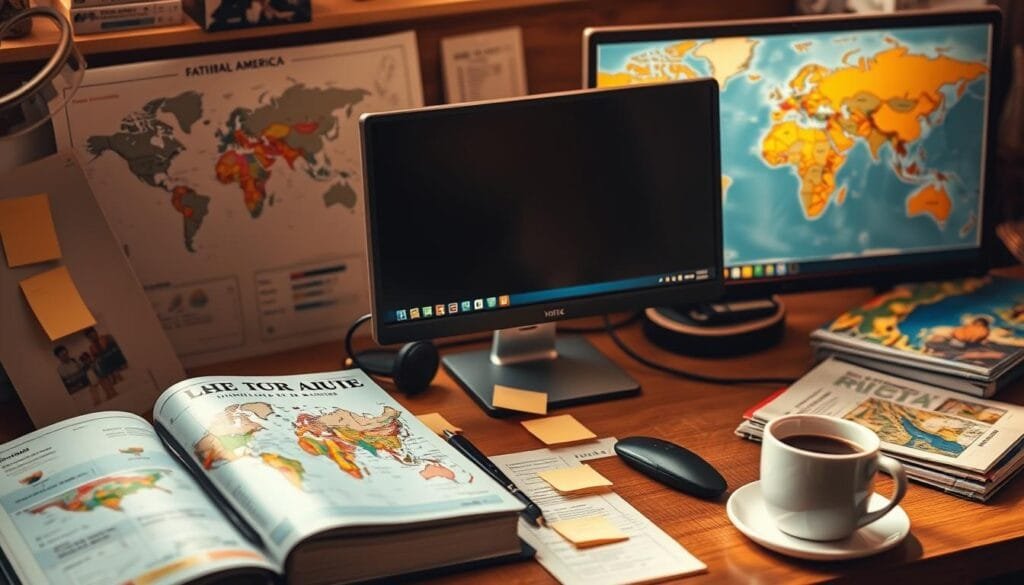 Detailed travel planning for a Latin American adventure: A meticulously crafted composite image showcasing a workspace with a desktop computer, travel guide books, a world map, sticky notes, and a cup of coffee. The scene is bathed in warm, golden lighting, creating a cozy, focused atmosphere. The overall composition evokes a sense of research, organization, and anticipation for an upcoming trip. The image captures the essence of the "Planifica tu viaje: Investigación y preparación" section, visually representing the thoughtful preparation required for a safe and rewarding journey through Latin America.