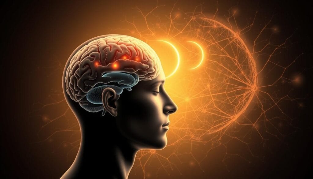 Fases del sueño: A detailed anatomical illustration showcasing the intricate stages of the sleep cycle. Prominent in the foreground, a human head rendered in high-resolution, gently transitioning from wakefulness to REM sleep. The midbrain, thalamus, and hypothalamus regions distinctly visible, their neural activity pulsing with a soft bioluminescent glow. In the background, a serene landscape of interconnected neural networks, depicting the complex interplay of neurotransmitters and brain waves that orchestrate the ebbs and flows of our slumber. Warm, muted tones convey the tranquility of a restful night, while subtle hints of movement suggest the dynamic nature of the sleep cycle. Illuminated by a soft, diffused light, the overall composition evokes a sense of scientific wonder and the mysteries of the human mind.