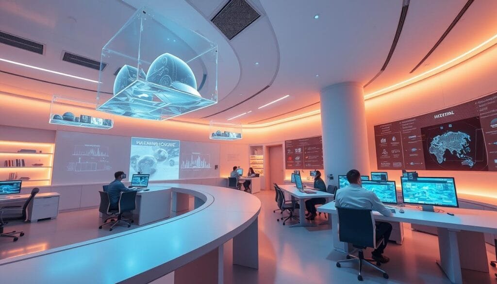 Immersive educational environments in a futuristic virtual reality setting. A sleek, high-tech classroom with floating holographic displays, interactive workstations, and students fully immersed in their digital learning experience. Warm lighting illuminates the space, creating a sense of depth and dimension. Smooth, minimalist surfaces blend seamlessly with subtle technological elements. The atmosphere is one of focus, creativity, and intellectual curiosity, hinting at the transformative power of VR in the educational realm of 2025.