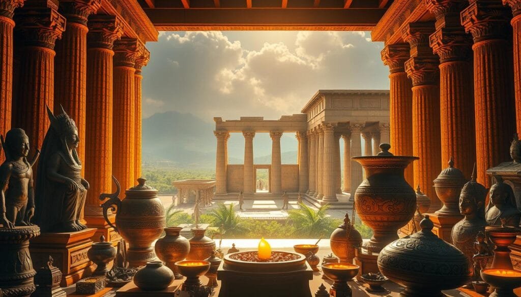Impacto cultural tesoros: a breathtaking scene of ancient artifacts and relics, illuminated by warm, golden lighting that casts a reverent glow. In the foreground, ornate statues, intricate pottery, and glittering jewels are carefully arranged, conveying the magnificence and significance of these timeless treasures. The middle ground features a grand, awe-inspiring temple or palace, its towering columns and ornate facades hinting at the rich cultural heritage these artifacts represent. In the background, a lush, verdant landscape unfolds, suggesting the adventurous journeys and expeditions that have uncovered these lost wonders. The overall composition evokes a sense of wonder, history, and the profound impact these cultural treasures have had on human civilization.