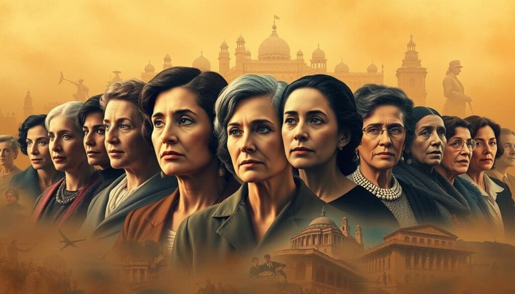 Inspirational historical lessons: a mosaic of influential women's portraits set against a warm, soft-focused backdrop. In the foreground, illuminated by subtle lighting, detailed likenesses of pioneering leaders and trailblazers from diverse eras and cultures gaze thoughtfully. The middle ground features symbolic objects and details that represent their groundbreaking achievements and legacies. In the atmospheric background, a collage of historical scenes, landscapes, and architectural elements evokes a sense of timelessness and the enduring impact of their stories. Rendered with a painterly, artistic style that imbues the image with an emotive, reflective quality.