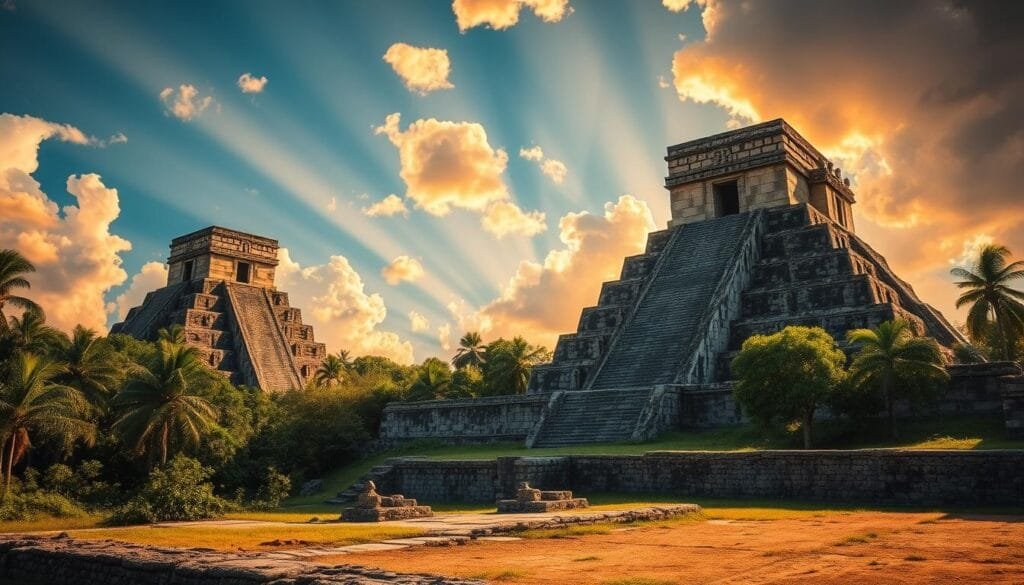 Majestic Mayan temples rise against a vibrant sky, their weathered stone facades casting long shadows across the lush, verdant jungle. Intricate carved glyphs and figures adorn the temple walls, hinting at the mysteries of a lost civilization. In the foreground, a weathered archaeological dig site reveals ancient artifacts, their significance waiting to be unraveled. Shafts of warm, golden light pierce through the canopy, illuminating the scene with an air of reverence and discovery. This image captures the essence of the enigmatic Mayan world, inviting the viewer to ponder the untold stories of these captivating, vanished cultures.