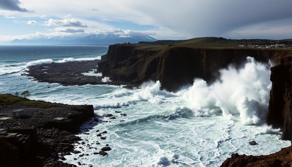 Megaterremoto de Valdivia 1960: a cataclysmic earthquake and tsunami ripping through the rugged Chilean coastline. Towering waves crash against crumbling cliffs, swallowing fishing boats and coastal villages. The ground shakes violently, buildings collapse in a cloud of debris. Fissures split the earth, geysers of water erupt. In the distance, the Andes loom, their snow-capped peaks bearing witness to the devastating power of nature unleashed. Dramatic chiaroscuro lighting casts dramatic shadows, heightening the sense of chaos and destruction. Captured with a wide-angle lens to convey the immense scale of the catastrophe, this image stands as a testament to the Valdivia megaquake, the largest earthquake ever recorded.