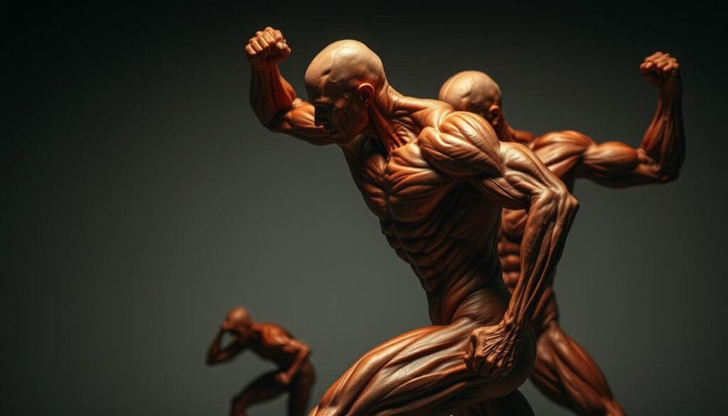 Muscular figures in dynamic motion, veins pulsing with power, tendons straining against the skin. Capture the raw energy of the human form as it contracts and flexes, showcasing the incredible strength and precision of our musculature. Dramatic lighting casts shadows that accentuate the intricate play of muscles, conveying a sense of controlled might. Set against a neutral background that allows the forms to take center stage, the scene radiates focused intensity, a glimpse into the mechanics that drive our physical capabilities. Shoot from a low angle to emphasize the power and presence of the muscles, framing the action with a sense of authority and purpose.