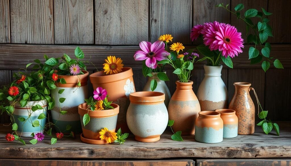 Painted clay pots and recycled vases arranged artfully on a rustic wooden surface, with lush greenery and vibrant flowers cascading around them. Soft, warm lighting illuminates the scene, creating a cozy, inviting atmosphere. The composition is balanced, with a mixture of textures and shapes that add visual interest. The scene conveys a sense of sustainability, creativity, and a charming DIY aesthetic that perfectly matches the "Practical Ideas to Renew Your Home on a Budget" theme.