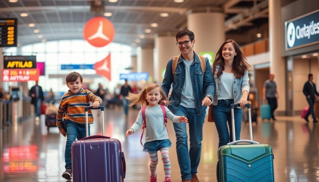 Prompt A cheerful family in an airport setting, with a young mother and father guiding their two children, a boy and a girl, as they navigate a busy terminal. The children are enthusiastically pulling colorful, child-sized suitcases, excited for their upcoming adventure. Soft, warm lighting illuminates the scene, creating a sense of comfort and anticipation. The background features a mix of airport signage, architectural details, and other travelers, but the focus remains on the family's interactions and their preparedness for the journey ahead.