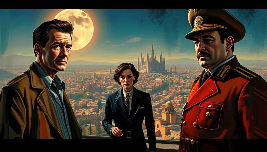 Reimagined characters stand in a surreal, cinematic landscape. In the foreground, beloved figures from Casablanca appear in vibrant, painterly style - Rick, Ilsa, and Captain Renault rendered with bold, expressive brushstrokes. The middle ground holds a dreamlike cityscape, Moroccan architecture refracted through a kaleidoscopic lens. In the distance, a horizon of towering, geometric structures evokes a futuristic, AI-influenced vision. Dramatic, chiaroscuro lighting casts dramatic shadows, imbuing the scene with an air of mystery and intrigue. The overall mood is one of innovation and tradition colliding, a reinterpretation of classic characters in a bold, visionary world.