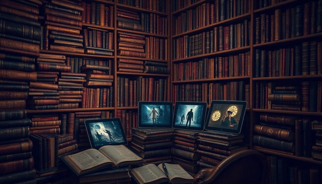 Sprawling shelves overflowing with leather-bound tomes, their spines emblazoned with arcane symbols and cryptic titles. Amongst them, a collection of sleek, modern tablets displaying vibrant, cinematic scenes - eerie flickering lights, shadowy figures, and unsettling undertones. The ambiance is one of intrigue and mystery, drawing the viewer into a world of urban legends and the unexplained. Soft, warm lighting casts an inviting glow, and the composition is balanced, with the books and screens occupying distinct zones. The overall impression is one of a cozy, intellectual space dedicated to exploring the hidden corners of the human experience.