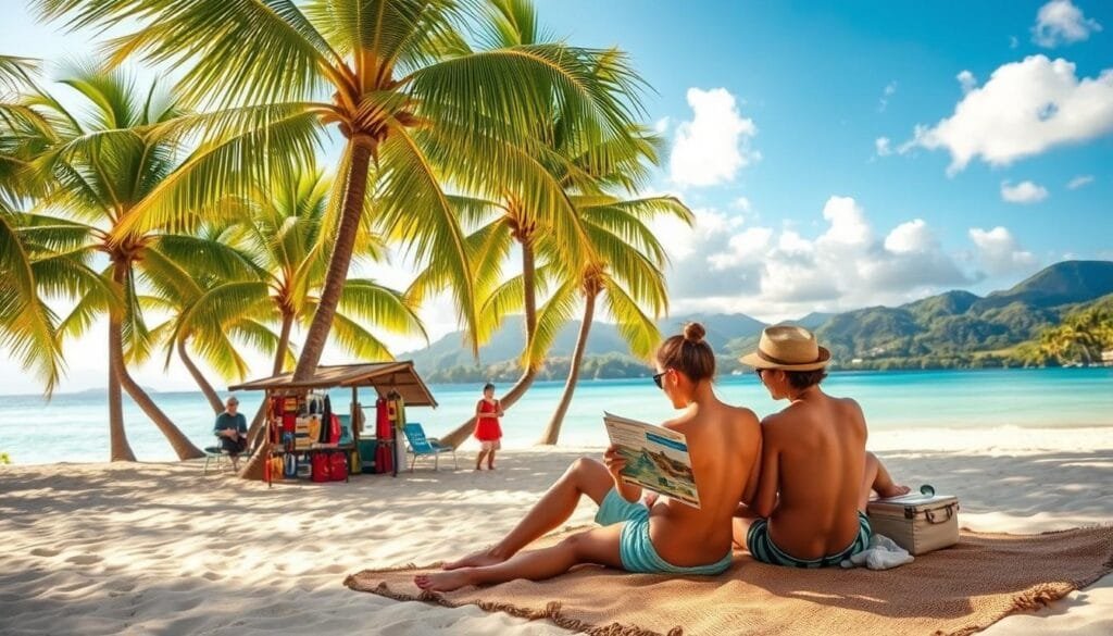 Viaje Costa Rica consejos: A serene tropical beach scene with lush palm trees swaying in the gentle breeze. Warm golden sunlight filters through the clouds, casting a soft glow over the fine white sand and crystal-clear turquoise waters. In the foreground, a pair of sun-tanned travelers sit comfortably on a woven beach blanket, studying a travel map and guidebook, discussing their next adventure. In the middle ground, a local vendor sells colorful handcrafted souvenirs, while in the background, rolling green hills and distant mountains create a picturesque landscape. The overall mood is one of relaxation, exploration, and the promise of unforgettable experiences in the paradise of Costa Rica.