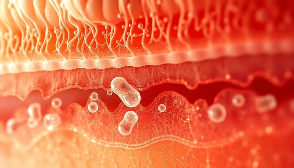 a detailed close-up view of the cellular regeneration process in human skin, with a focus on the dynamic interplay between epidermal and dermal layers. Showcase the intricate dance of stem cells, fibroblasts, and keratinocytes as they collaborate to renew and rejuvenate the skin's structure and function. Render this in a warm, natural lighting scheme using a medium depth of field to emphasize the microscopic scale, with a soft, almost ethereal quality to convey the delicate and restorative nature of the regenerative mechanisms. Avoid overly clinical or technical depictions, instead aiming for an aesthetic that is visually captivating and aligned with the article's theme of the latest advancements in anti-aging science.