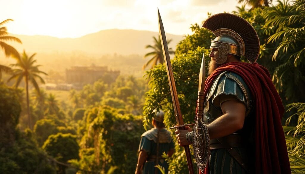A Roman legionnaire stands proud, his ornate sword drawn, as he surveys the lush, verdant landscape of the Americas. The warm, golden sunlight filters through the dense, towering foliage, casting a dreamlike glow upon the scene. In the distance, a grand, stone fortification stands as a testament to the Roman's technological prowess, its imposing silhouette juxtaposed against the natural splendor of the foreign land. The legionnaire's expression is one of both awe and determination, his gaze fixed on the horizon, contemplating the untapped potential of this newfound world. The image conveys a sense of historical significance, a pivotal moment where the paths of two vastly different civilizations intersect, shaping the course of history to come.