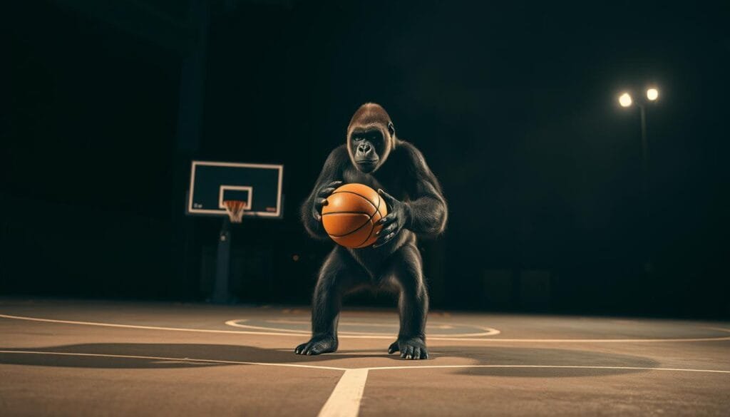 A basketball court set against a backdrop of a moody, dimly lit urban environment. In the foreground, a gorilla stands upright, its gaze focused intently on the basketball in its hand. The creature's stance is balanced and poised, suggesting a sense of intentional, almost human-like concentration. The lighting casts dramatic shadows, emphasizing the gorilla's powerful frame and the tension of the moment. The court's lines and markings provide a sense of depth and perspective, drawing the viewer's attention to the central figure. The overall atmosphere is one of curiosity and the unexpected, hinting at the hidden complexities of perception and attention.