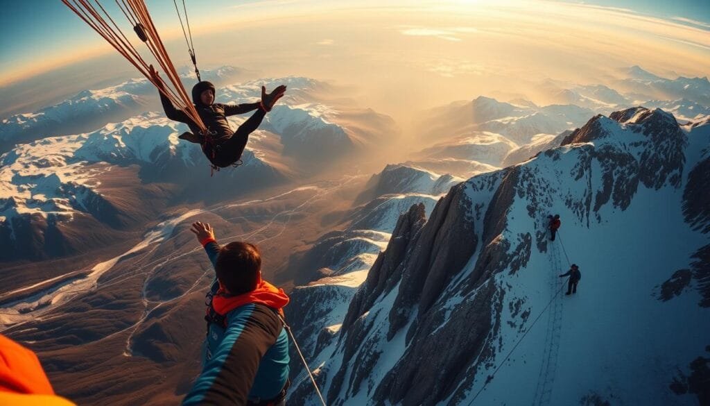 A breathtaking aerial vista of extreme high-altitude activities, captured through the lens of a wide-angle camera. In the foreground, daredevils free-fall through the crisp mountain air, their bodies twisting and turning as they plummet towards the distant terrain below. In the middle ground, a group of climbers scale a sheer rock face, their equipment and movements meticulously detailed. The background features a panoramic landscape of snow-capped peaks, casting long shadows under the warm, golden light of the setting sun, conveying a sense of serene yet thrilling adventure.