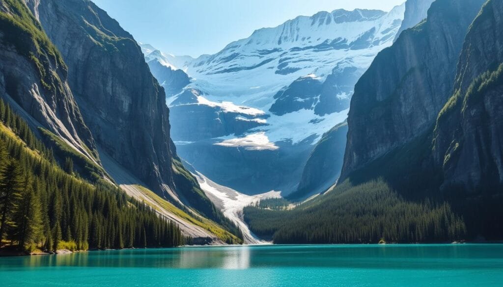 A breathtaking landscape of towering marble cliffs, carved by the relentless flow of glacial waters along the Puyuhuapi Channel. Sunlight dances across the smooth, sculpted surfaces, casting dramatic shadows and highlights. In the foreground, a serene azure lake reflects the majesty of the surrounding peaks, creating a sense of tranquility. The scene is framed by lush, verdant forests that cling to the mountainsides, adding depth and texture. The overall mood is one of awe-inspiring natural beauty, inviting the viewer to explore this remote and captivating corner of Patagonia.