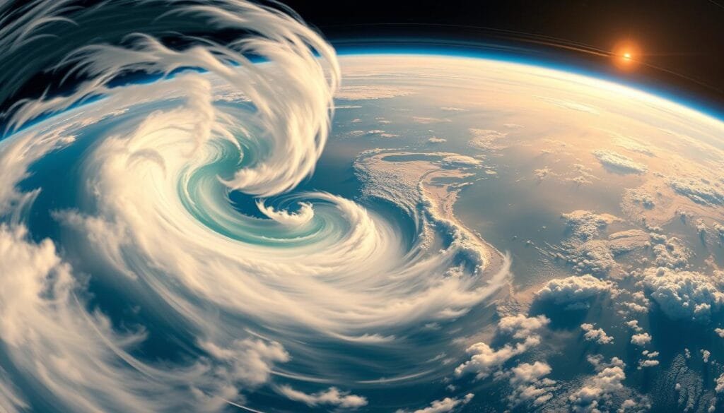 A breathtaking panoramic view of the Earth's atmosphere, showcasing the concentration of oxygen in vivid detail. The foreground features a dramatic, swirling vortex of air currents, with wisps of wispy clouds and vibrant hues of blue and green. In the middle ground, a cross-section of the troposphere and stratosphere is visible, revealing the complex interplay of gases that sustain life on our planet. The background is a vast, awe-inspiring expanse of the upper atmosphere, bathed in warm, golden light, hinting at the delicate balance that allows for the flourishing of gigantic insects. The scene is captured with a wide-angle lens, emphasizing the grandeur and scale of this vital system. The overall mood is one of reverence and wonder, inviting the viewer to contemplate the intricate mechanisms that govern the air we breathe.