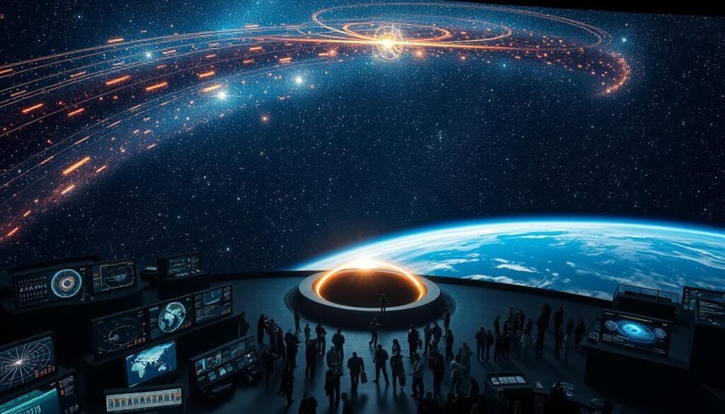 A breathtaking vista of the cosmos, illuminated by the glow of distant galaxies and the shimmering trails of celestial bodies. In the foreground, a shimmering black hole dominates the scene, its event horizon a portal to the unknown. Surrounding it, an array of dazzling visualization screens display intricate mathematical models and simulations, representing Hawking's groundbreaking predictions about the nature of black holes and their impact on the fabric of the universe. The middle ground is a bustling hub of activity, with scientists and researchers poring over data and collaborating to understand the far-reaching implications of Hawking's work. In the background, a panoramic vista of the Earth, vulnerable yet resilient, serves as a sobering reminder of the global impact of these scientific advancements.