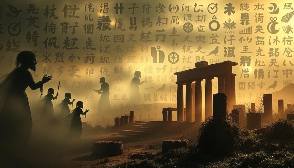 A breathtaking visual tapestry of lost languages, depicted with haunting realism. In the foreground, ghostly silhouettes of ancient scripts and dialects hover, their fading forms etched in shimmering mist. The middle ground reveals a kaleidoscope of symbolic glyphs and hieroglyphs, each a testament to the rich diversity of human expression now vanished. In the distance, a weathered landscape of crumbling ruins and overgrown relics, a poignant reminder of the fragility of linguistic heritage. Backlighting casts a melancholic glow, while a subtle depth of field draws the viewer's eye through the ethereal layers of this vanished world. The overall composition evokes a sense of wistful reverence for the voices silenced by time.