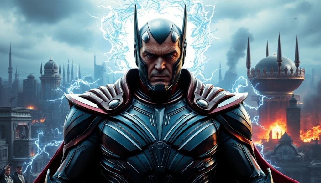 A brooding, imposing figure of Magneto stands tall, commanding attention. His face is set in a determined expression, eyes narrowed with a vision of mutant supremacy. Intricate metallic armor adorns his frame, reflecting the power and influence he wields. Swirling energy fields surround him, hinting at his mastery of electromagnetic forces. In the background, a backdrop of dystopian cityscapes and clashing ideologies suggests the wider social and political landscape he seeks to shape. The scene conveys Magneto's unwavering resolve to reshape the world, his vision both captivating and unsettling.