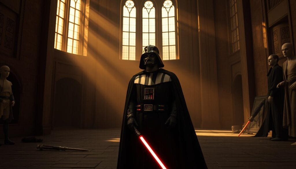 A brooding, introspective Darth Vader stands alone in a dimly lit Jedi training hall, his black robes billowing as he contemplates the frustrations of his failed Jedi training. The space is bathed in warm, golden light filtering through towering windows, casting dramatic shadows across the weathered stone floors and walls. Lightsaber hilts and ancient training dummies litter the periphery, remnants of Vader's past struggles. His expression is one of pained determination, the weight of his choices etched onto his scarred face. The atmosphere is heavy with a sense of internal conflict, hinting at the duality of Vader's path - the pull between the light and dark sides of the Force that has defined his journey.